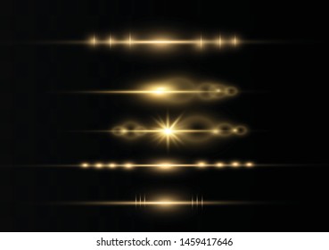 yellow horizontal lens flares pack. Laser beams, horizontal light rays.Beautiful light flares. Glowing streaks on dark background. Luminous abstract sparkling lined background.
