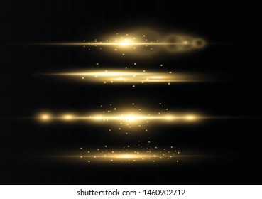 Gelbe Fackelpackung mit horizontalen Objektiven. Laserstrahlen, horizontale Lichtstrahlen. Schöne Lichtstrahlen. Glühende Streifen auf dunklem Hintergrund. Leuchtender abstrakter, funkelnder Hintergrund.