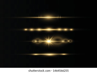 yellow horizontal lens flares pack. Laser beams, horizontal light rays.Beautiful light flares. Glowing streaks on dark background. Luminous abstract sparkling lined background.