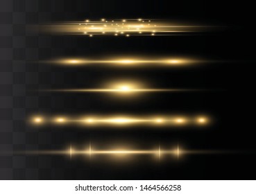 yellow horizontal lens flares pack. Laser beams, horizontal light rays.Beautiful light flares. Glowing streaks on dark background. Luminous abstract sparkling lined background.