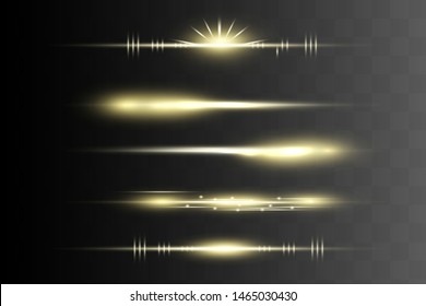 Yellow horizontal lens flares pack. Laser beams, horizontal light rays.Beautiful light flares.