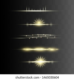Yellow horizontal lens flares pack. Laser beams, horizontal light rays.Beautiful light flares.