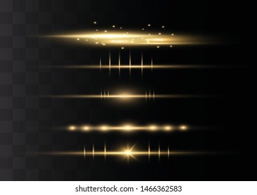 yellow horizontal lens flares pack. Laser beams, horizontal light rays.Beautiful light flares. Glowing streaks on dark background. Luminous abstract sparkling lined background.