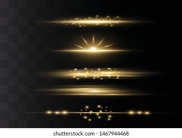 yellow horizontal lens flares pack. Laser beams, horizontal light rays.Beautiful light flares. Glowing streaks on dark background. Luminous abstract sparkling lined background.