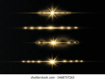 yellow horizontal lens flares pack. Laser beams, horizontal light rays.Beautiful light flares. Glowing streaks on dark background. Luminous abstract sparkling lined background.