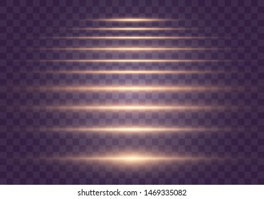 Yellow horizontal lens flares pack. Laser beams, horizontal light rays.Beautiful light flares. Glowing streaks on dark background. Luminous abstract sparkling lined background. Vector eps 10
