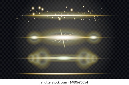 yellow horizontal lens flares pack. Laser beams, horizontal light rays.Beautiful light flares. Glowing streaks on dark background. Luminous abstract sparkling lined background.