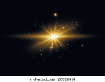 Yellow horizontal lens flares pack. Laser beams, horizontal light rays. Beautiful light flares. Glowing streaks on dark background. Luminous abstract sparkling lined background.