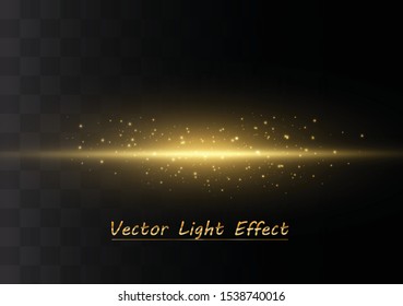 Yellow horizontal lens flares pack. Laser beams, horizontal light rays. Beautiful light flares. Glowing streaks on dark background. Luminous abstract sparkling lined background.