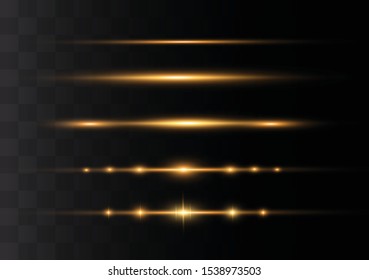 Yellow horizontal lens flares pack. Laser beams, horizontal light rays. Beautiful light flares. Glowing streaks on dark background. Luminous abstract sparkling lined background.