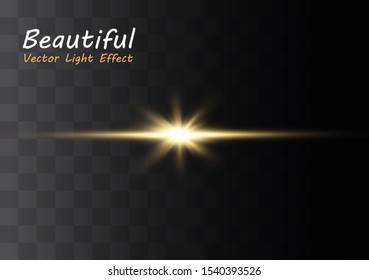 Yellow horizontal lens flares pack. Laser beams, horizontal light rays. Beautiful light flares. Glowing streaks on dark background. Luminous abstract sparkling lined background.