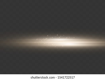 Yellow horizontal lens flares pack. Laser beams, horizontal light rays. Beautiful light flares. Glowing streaks on dark background. Luminous abstract sparkling lined background.