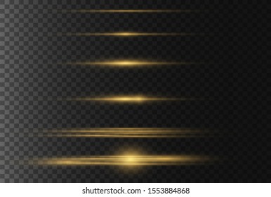 yellow horizontal lens flares pack. Laser beams, horizontal light rays. Beautiful light flares. Glowing streaks on dark background.