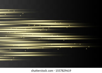 yellow horizontal lens flares pack. Laser beams, horizontal light rays.Beautiful light flares. Glowing streaks on dark background. Luminous abstract sparkling lined background.