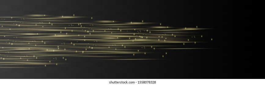 yellow horizontal lens flares pack. Laser beams, horizontal light rays.Beautiful light flares. Glowing streaks on dark background. Luminous abstract sparkling lined background.