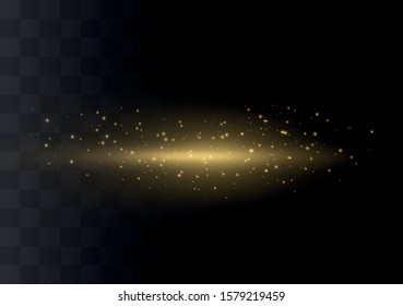 Yellow horizontal lens flares pack. Laser beams, horizontal light rays. Beautiful light flares. Glowing streaks on dark background. Luminous abstract sparkling lined background.