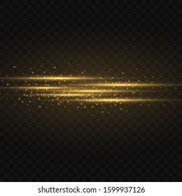 yellow horizontal lens flares pack. Laser beams, horizontal light rays. Beautiful light flares. Glowing streaks on dark background. Luminous abstract sparkling lined background.
