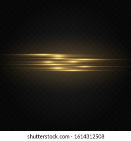 yellow horizontal lens flares pack. Laser beams, horizontal light rays. Beautiful light flares. Glowing streaks on dark background. Luminous abstract sparkling lined background.