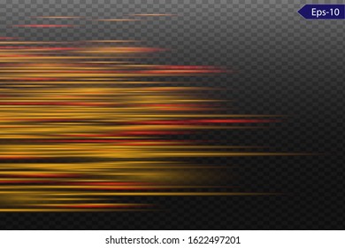 yellow horizontal lens flares pack. Laser beams, horizontal light rays.Beautiful light flares. Glowing streaks on dark background. Luminous abstract sparkling lined background.