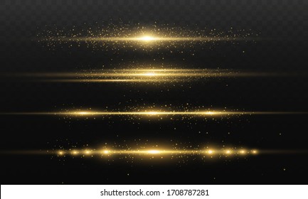 yellow horizontal lens flares pack. Laser beams, horizontal light rays. Beautiful light flares. Glowing streaks on dark background. Luminous abstract sparkling lined background.