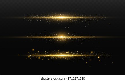 yellow horizontal lens flares pack. Laser beams, horizontal light rays. Beautiful light flares. Glowing streaks on dark background. Luminous abstract sparkling lined background.