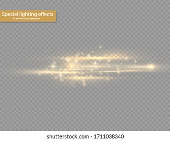 Yellow horizontal lens flares pack. Laser beams, horizontal light rays. Beautiful light flares. Glowing streaks on transparent background. Bright gold glares. Vector illustration, EPS 10.