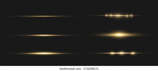 Yellow horizontal lens flares pack. Laser beams, horizontal light rays. Beautiful light flares. Glowing streaks on dark background. Luminous abstract sparkling lined background.