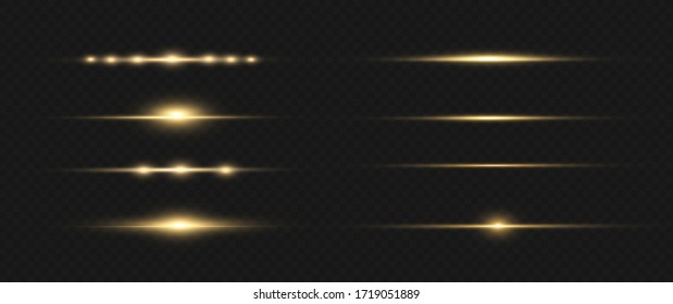 Yellow horizontal lens flares pack. Laser beams, horizontal light rays. Beautiful light flares. Glowing streaks on dark background. Luminous abstract sparkling lined background.