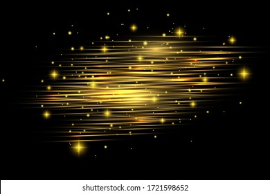 yellow horizontal lens flares pack. Laser beams, horizontal light rays.Beautiful light flares. Glowing streaks on dark background. Luminous abstract sparkling lined background.