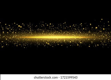 yellow horizontal lens flares pack. Laser beams, horizontal light rays.Beautiful light flares. Glowing streaks on dark background. Luminous abstract sparkling lined background.