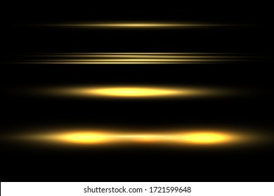 yellow horizontal lens flares pack. Laser beams, horizontal light rays.Beautiful light flares. Glowing streaks on dark background. Luminous abstract sparkling lined background.