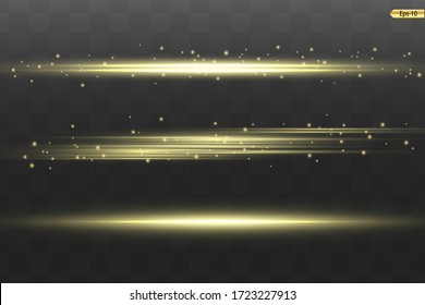 Gelbe Fackelpackung mit horizontalen Objektiven. Laserstrahlen, horizontale Lichtstrahlen. Schöne Lichtstrahlen. Glühende Streifen auf dunklem Hintergrund. Leuchtender abstrakter, funkelnder Hintergrund.