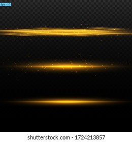 yellow horizontal lens flares pack. Laser beams, horizontal light rays.Beautiful light flares. Glowing streaks on dark background. Luminous abstract sparkling lined background.