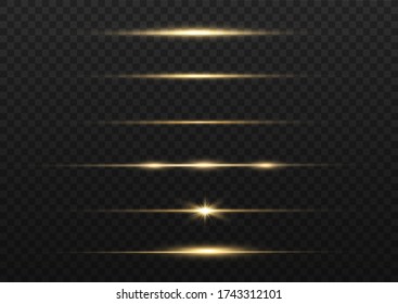 Yellow horizontal lens flares pack. Laser beams, horizontal light rays. Beautiful light flares. Glowing streaks on dark background. Luminous abstract sparkling lined background.