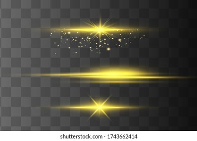 yellow horizontal lens flares pack. Laser beams, horizontal light rays.Beautiful light flares. Glowing streaks on dark background. Luminous abstract sparkling lined background.