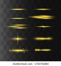 yellow horizontal lens flares pack. Laser beams, horizontal light rays.Beautiful light flares. Glowing streaks on dark background. Luminous abstract sparkling lined background.