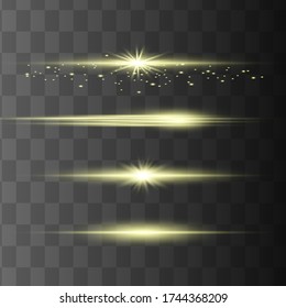 yellow horizontal lens flares pack. Laser beams, horizontal light rays.Beautiful light flares. Glowing streaks on dark background. Luminous abstract sparkling lined background.