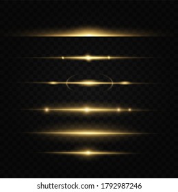 Paquete de bengalas horizontales amarillas. Vigas láser, rayos de luz horizontales. Juego de efecto de luz vectorial transparente brillante, explosión, brillo, chispa, llama solar.
