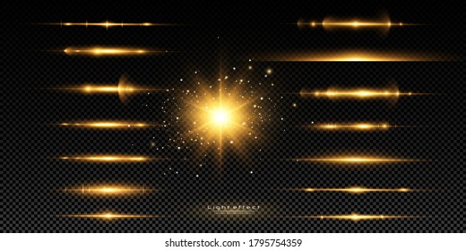 Yellow horizontal lens flares pack. Laser beams, horizontal light rays. Glow transparent vector light effect set, explosion, shine, spark, solar flare.
