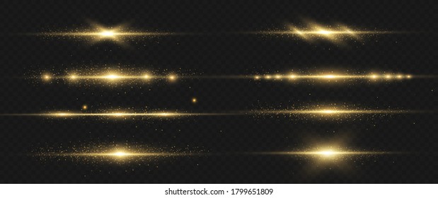 yellow horizontal lens flares pack. Laser beams, horizontal light rays. Beautiful light flares. Glowing streaks on dark background. Luminous abstract sparkling lined background.