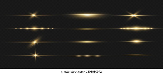 yellow horizontal lens flares pack. Laser beams, horizontal light rays. Beautiful light flares. Glowing streaks on dark background. Luminous abstract sparkling lined background.