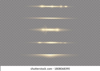 Yellow horizontal lens flares pack. Laser beams, horizontal light rays. Glow transparent vector light effect set, explosion, shine, spark, solar flare.