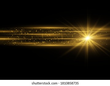 Yellow horizontal lens flares pack. Laser beams, horizontal light rays. Beautiful light flares. Glowing streaks on dark background. Luminous abstract sparkling lined background.