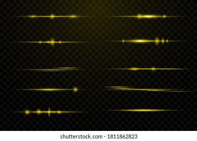 yellow horizontal lens flares pack. Laser beams, horizontal light rays.Beautiful light flares. Glowing streaks on dark background. Luminous abstract sparkling lined background.