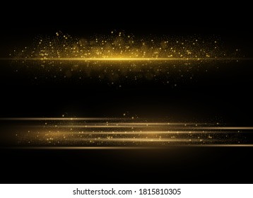 Yellow horizontal lens flares pack. Laser beams, horizontal light rays. Beautiful light flares. Glowing streaks on dark background. Luminous abstract sparkling lined background.