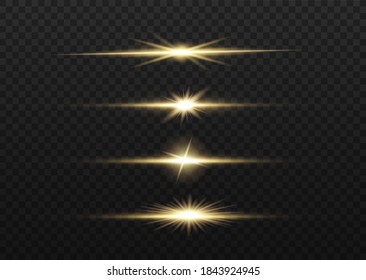 Paquete de bengalas horizontales amarillas. Vigas láser, rayos de luz horizontales. Bonitas bengalas. Rasgos brillantes sobre fondo oscuro. Luminoso fondo brillante abstracto.