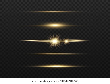 Paquete de bengalas horizontales amarillas. Vigas láser, rayos de luz horizontales. Bonitas bengalas. Rasgos brillantes sobre fondo oscuro. Luminoso fondo brillante abstracto.