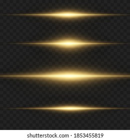 yellow horizontal lens flares pack. Laser beams, horizontal light rays. Beautiful light flares. Glowing streaks on dark background. Luminous abstract sparkling lined background.