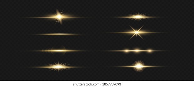 yellow horizontal lens flares pack. Laser beams, horizontal light rays. Beautiful light flares. Glowing streaks on dark background. Luminous abstract sparkling lined background.