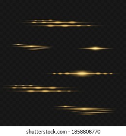 yellow horizontal lens flares pack. Laser beams, horizontal light rays. Beautiful light flares. Glowing streaks on dark background. Luminous abstract sparkling lined background.